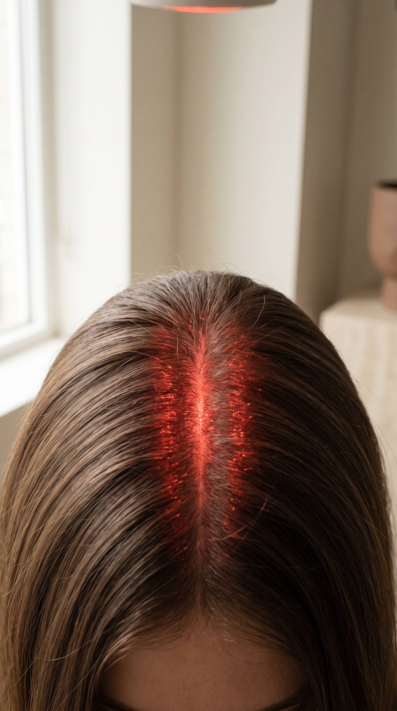 Luz vermelha de laser de baixa intensidade sobre a risca do cabelo.
